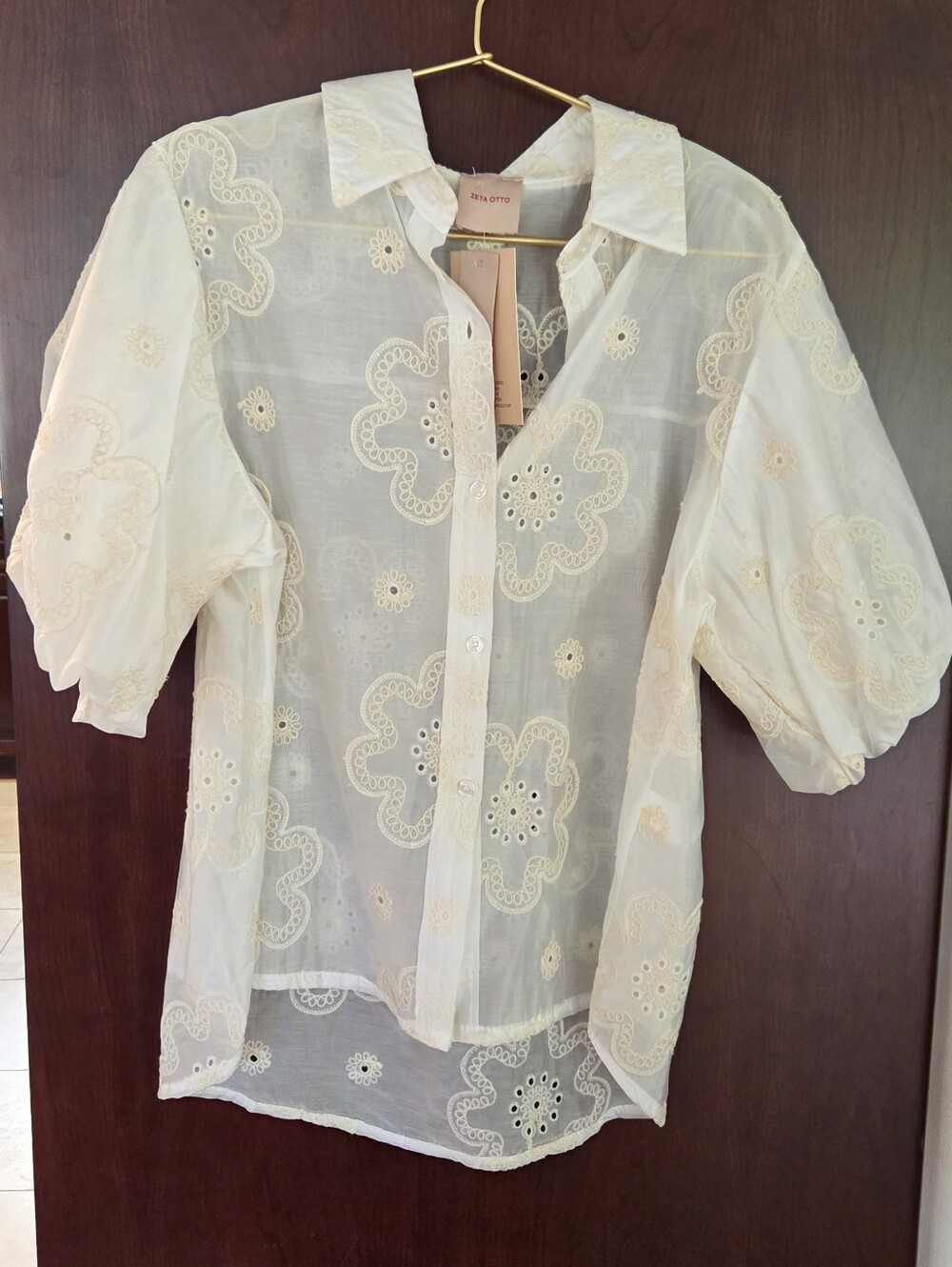 Cream Eyelet Button-Down Puff Sleeve Shirt